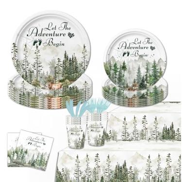 Imagem de 142Pcs Let The Adventure Begin Themed Party Supplies Include Plates-Cutlery-Cups-Tablecloths and Napkins for Travel Party Decorations 20 Guests