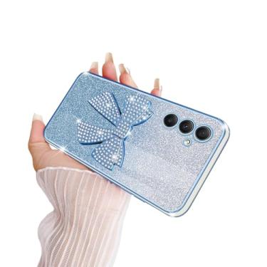 Imagem de TSAYGFK Capa para Samsung Galaxy A34 5G 2023 para meninas mulheres cristal luxuoso bonito laço de glitter fino macio TPU com cordão à prova de choque enseada protetora para A34 5G 16.8 cm, azul