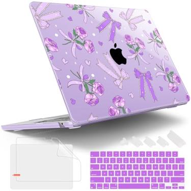 Imagem de Tuiklol Capa M4 MacBook Air de 13,6 polegadas versão 2025-2022 chip M2 modelo A3240 A3113 A2681, capa rígida de plástico para MacBook Air 13.6 tela retina líquida com Touch ID, laço e rosa roxo