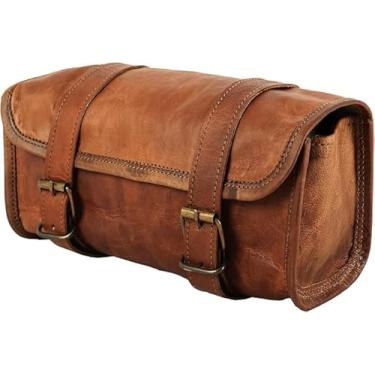 Imagem de HANDBUCKS Bolsa de sela de couro vintage real 2 bolsas laterais e 1 bolsa de ferramentas || Cestos de braço oscilante de motocicleta (bolsa de ferramentas marrom)