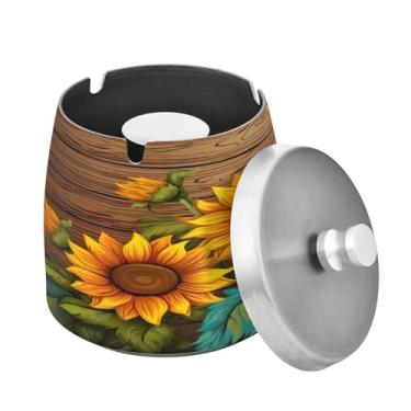 Imagem de Blueangle Girassóis em tábua de madeira cinzeiro com tampa para cigarros, à prova de vento/à prova de chuva, aço inoxidável, sem fumaça, inodoro, cinzeiro para uso interno ou externo (417)