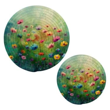 Imagem de Blueangle 2 peças de suporte de panela para pintura de flores coloridas - conjunto de pegadores de panela de tecido redondo - almofadas quentes trançadas de algodão - porta-copos - tapetes de mesa