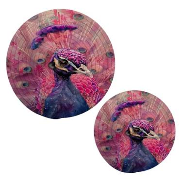 Imagem de Blueangle 2 peças de suporte de panela de pavão em aquarela - conjunto de pegadores de panela de tecido redondo - almofadas quentes trançadas de algodão - porta-copos - tapetes de mesa para cozinhar e