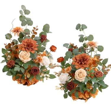 Imagem de Ling's moment Arranjos de flores artificiais de 44,5 cm de altura, 2 peças de decoração de cadeira de corredor de casamento terracota e laranja queimado centros de mesa para recepção de cerimônias
