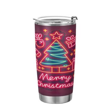 Imagem de YETTASBIN Copo de árvore de Natal com tampa de palha, copo de aço inoxidável de 590 ml, parede dupla, isolada a vácuo, caneca de café de viagem para bebidas quentes e frias