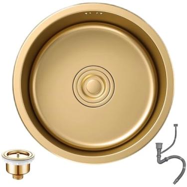 Imagem de PVXMQFFA Pia Siphon Mini tamanho pequeno pia cozinha dourada 32/36/40 cm pia redonda RV bar balcão tigela única pia aço inoxidável bacia de lavagem vegetal piscina água (32 * 32 * 20 cm)