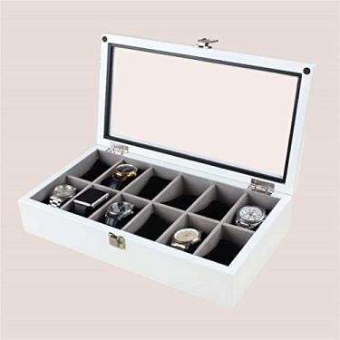 Imagem de uhyOHF Caixa de exibição de relógio de armazenamento de joias requintada caixa de relógio de madeira 12 grades caixa de exibição de relógio com tampa de vidro (cor: branca)