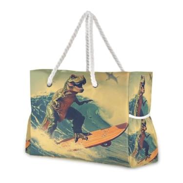 Imagem de Wassud Bolsa de praia com dinossauro surfe (2) bolsas de praia grandes para mulheres, impermeável, à prova de areia, bolsa de viagem com zíper e bolso para piscina, academia, acampamento