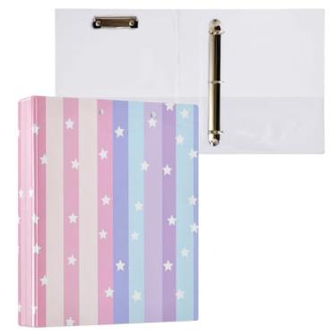 Imagem de Qilmy Organizador de fichário redondo colorido com listras estrelas, fichário de 3 anéis com prancheta (carta A4), fichário fofo para material de escritório escolar 533