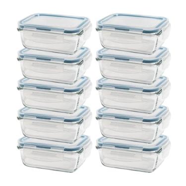 Imagem de " Kit 10 Pote de Vidro 370 ml Retangular Hermético Para Marmita Papinha Comida Fitnes Alimentos Pratico Com Travas Anti Vazamento BPA Free Resistente a Calor Frio Próprio Para Micro-Ondas e Forno "