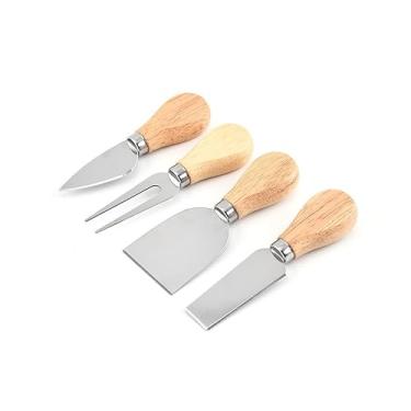 Imagem de Conjunto de 4 facas queijo com cabo madeira Aço Inoxidável e Borracha Versátil para Queijos Semi-Soft Duros Semi-Duros Patês Ideal Festas Recepções Inclui Afiadas Largas Finas
