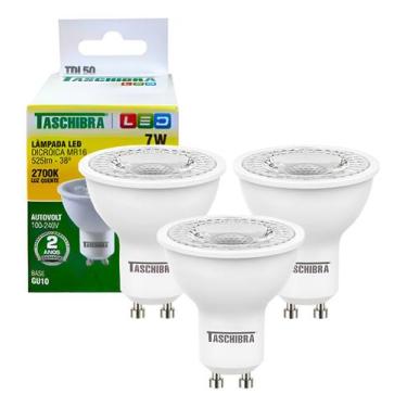 Imagem de Kit 3 Lâmpada Led Dicroica Mr16 Gu10 7w 2700k Luz Quente Bivolt - Tasc