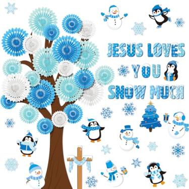 Imagem de Gersoniel 79 peças de decoração de quadro de avisos de inverno Jesus ama você neve muita decoração de sala de aula 3D DIY árvore de Natal fãs de papel boneco de neve pinguins recortes para inverno