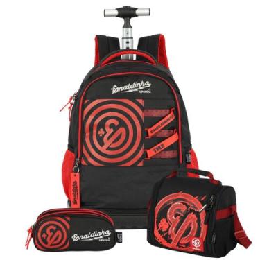 Imagem de Kit Mochila Enaldinho De Rodinhas Lancheira E Estojo Triplo, Vermelho