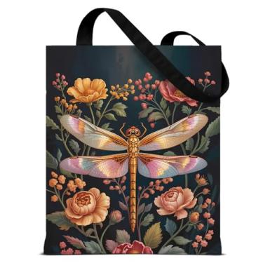 Imagem de QYCFDXD Sacola de lona estética para mulheres, linda bolsa de ombro com estampa dupla face, Libélul, Medium