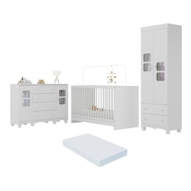 Imagem de Quarto De Bebê Completo Com Berço 3 Em 1 Com Colchão Incluso Luna Multimóveis MP4548 Branco