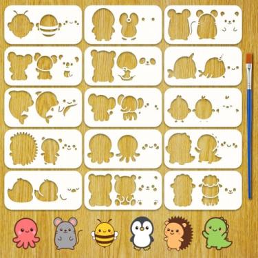 Imagem de FINGERINSPIRE 15 peças de estênceis de padrão facial de animais em camadas com um pincel 19 x 9 cm abelhas, ratos, coalas, estêncil, baleias, golfinhos, elefantes, estêncil, tema animal de estimação