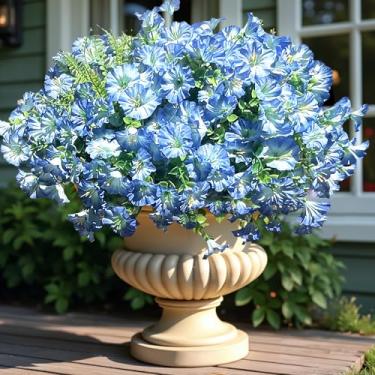 Imagem de Flores artificiais para decoração de primavera e verão, 24 pacotes de plantas de plástico falso, eucalipto de seda sintética resistente a UV para jardim, varanda, pátio, porta da frente, azul