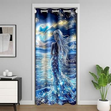 Imagem de jejeloiu Cortina de porta sereia para privacidade de porta 86 x 203 cm 1 painel vida oceânica animal marinho 30%-50% cortina divisória de quarto princesa decoração capa de armário para quarto sala de