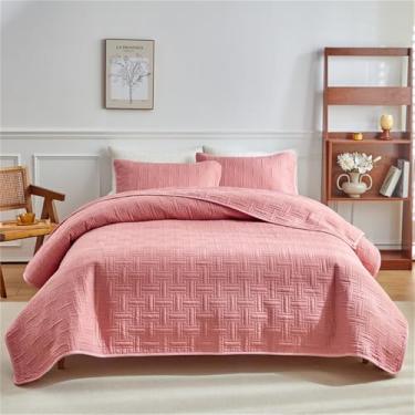 Imagem de Conjunto de cama acolchoada em algodão, colcha de casal, edredom para ar condicionado, lençol de cor sólida, rosa, 3 peças, 264 x 230 cm