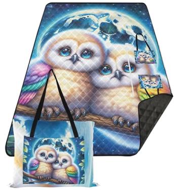 Imagem de TSENQUE Cobertor de praia floral sem areia com corujas fofas, impermeável, tapete de brincar ao ar livre para grama, cobertor de piquenique dobrável, fofo, 299 cm x 203 cm