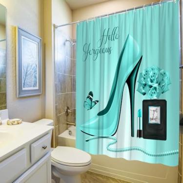 Imagem de Cortina de chuveiro moderna para meninas, azul-petróleo, frasco de perfume, batom, salto alto, floral, borboleta, romântico, amante, tema, turquesa, conjunto de acessórios de banheiro de poliéster com