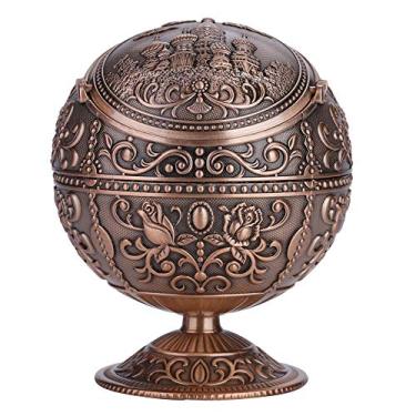 Imagem de HEEPDD Cinzeiro de Arte Vintage, Bola Redonda de Metal Elegante Com Caixa de Armazenamento Multifuncional de Escultura Requintada e Decoração para Hotéis Domésticos e Clubes de Alto (castelo de cobre)