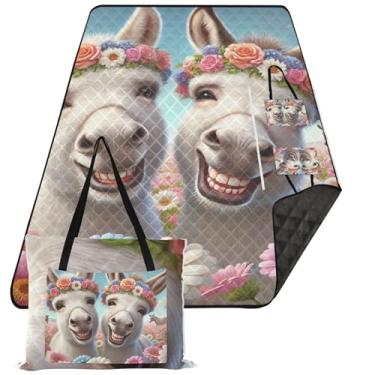 Imagem de TSENQUE Cobertor de praia fofo de animal sorridente de burro à prova d'água floral à prova de areia tapete de acampamento bonito tapete de piquenique dobrável 203 cm x 152 cm