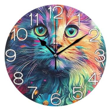 Imagem de GAIGEO Relógio de parede analógico decorativo para quarto e cozinha, funciona a pilhas, decoração de sala de estar, arte moderna, gato floral colorido, 25 cm, ponteiros dourados