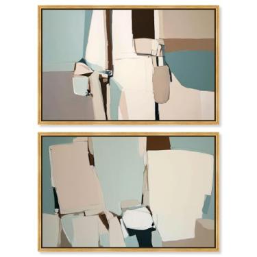 Imagem de Conjunto de 2 arte de parede de sala de estar em tela abstrata Neutral Harmony da Art Remedy, moldura dourada, 76 x 50 cm