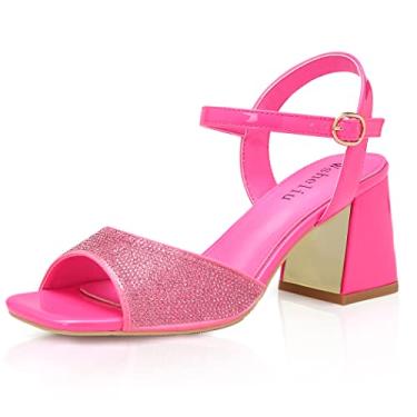 Imagem de Wsheliu Sandálias de salto grosso brilhante com strass para mulheres, bico quadrado, bico aberto, glíter, formatura, festa de casamento, vestido de salto alto, Rosa (Dk Pink), 10