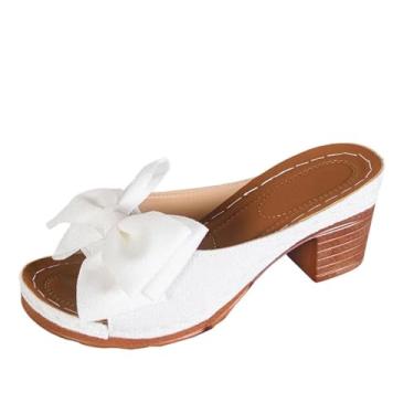Imagem de Sandália feminina casual sem cadarço com detalhe de laço e salto baixo, calçado confortável de verão, Branco, 34