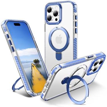 Imagem de UMIONE Capa magnética para iPhone 15 Pro com suporte e anel de dedo, compatível com magsafe, placa rígida transparente à prova de choque, capa inteira, universal para meninos e meninas 6.1 - azul