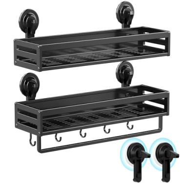 Imagem de CIBOTIES Suporte para chuveiro, ventosa de 39,9 cm, pacote com 2, prateleira de chuveiro com ganchos sem perfuração, organizador de banheiro à prova de ferrugem, preto