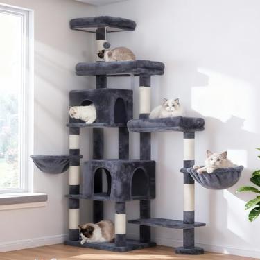 Imagem de Hey-brother Torre de árvore para gatos, postes arranhadores com uma parte estendida, plataformas amplas, condomínios aconchegantes, redes, colunas de sisal e bola para gatos internos, 177 cm, cinza