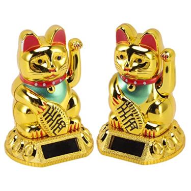 Imagem de AUNMAS 2 Peças de Braço Agitado de Gato da Sorte, Material Resistente, Atração de Riqueza, Significado, Maneki Neko Movido a Energia Solar para Escritório, Restaurante, Hotel (Ouro)