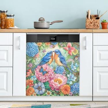 Imagem de xigua Flores vibrantes e pássaros azuis, capa magnética para lava-louças, adesivos magnéticos decorativos antiarranhões para painel de geladeira e lava-louças, decoração personalizada de cozinha