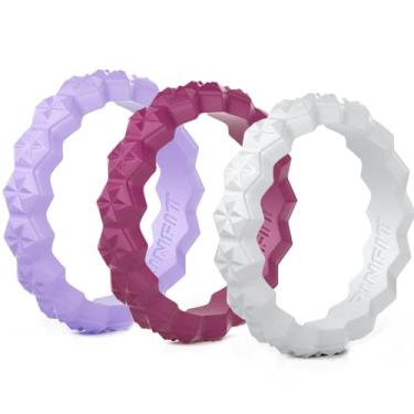 Imagem de Anel de casamento de silicone projetado pela Rinfit para mulheres, conjunto de anéis finos e empilháveis. Pacote com 3 anéis. Alianças de casamento de borracha macia e confortáveis., White, Lilac, Radiant Orchid, Size 6