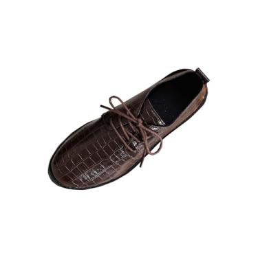 Imagem de Mocassins femininos modernos casuais com cadarço, cano baixo, salto médio, bico redondo, sapatos de couro, Marrom, 34