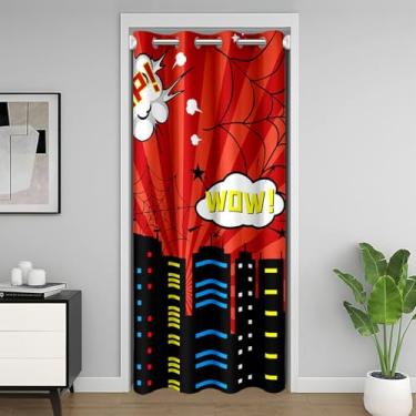 Imagem de Cortina de porta infantil tema herói, cortina de porta de construção de cidade privacidade para meninos adolescentes homens, teia de aranha vermelha preta cozinha armário decoração quarto capa de