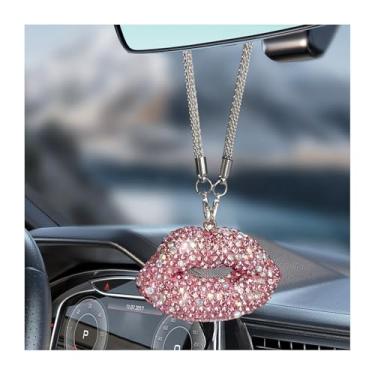 Imagem de MUQIDA Amuleto de espelho retrovisor de carro com lábio brilhante, diamante de lábio, enfeite para pendurar espelho retrovisor, pingente de strass com glitter, decoração de interiores de veículo para