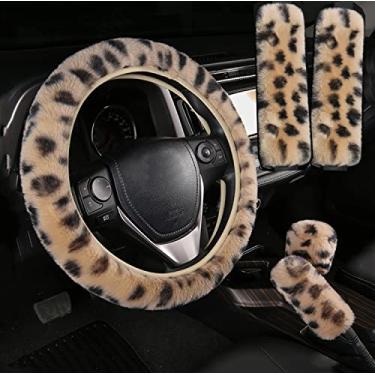 Imagem de Pinbola Conjunto 5 peças em 1 capa de volante de lã sintética, capa macia e fofa para freio de mão, capa de câmbio de engrenagem e 2 peças de almofadas de ombro para cinto de segurança, ajuste universal para 38 cm (G - bege)