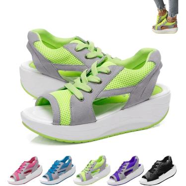 Imagem de Sandálias De Muffin Com Cadarço E Recortes Em Painéis Contrastantes, Sandálias De Muffin Com Cadarço Para Mulheres, Sandálias Ortopédicas De Malha Antiderrapante De, Green, 36EU