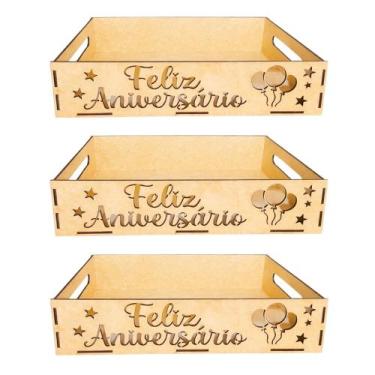 Imagem de Jogo 3 Bandejas Grandes MDF Cru "Feliz Aniversário" para Decoração de 