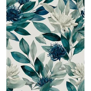 Imagem de Papel de parede floral verde escuro descasque e cole papel de contato com folha azul marinho vinil autoadesivo removível aquarela flor mural de parede para paredes de quarto, sala de estar