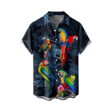 Imagem de Camisa Havaiana Masculina Com Estampa Vibrante De Papagaio E Flores, C