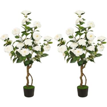 Imagem de Pacote com 2 camélias artificiais, planta de camélia sintética de 106 cm em vaso com 24 flores desabrochando, planta em vaso de vegetação falsa para decoração interna e externa, piso de casa