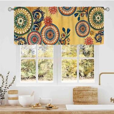 Imagem de Cortinas Mandala Valance, Boho Retrô Vintage Paisley Medalhão Indiano Tradicional Étnico Rod Pocket Pequena Janela Curta, Tratamentos para Cozinha, Café, Quarto, Sala de Estar, Armário Banheiro, 137