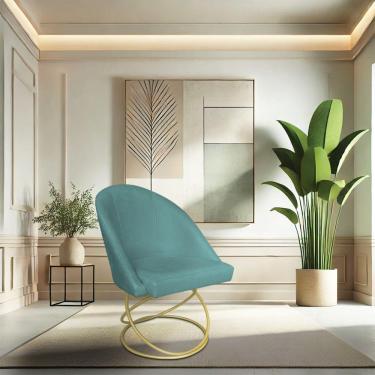 Imagem de Kit 08 Cadeiras Poltrona De Jantar Bela Suede Base Metálica Luxo Dourado - Pallazio Cor Azul Turquesa