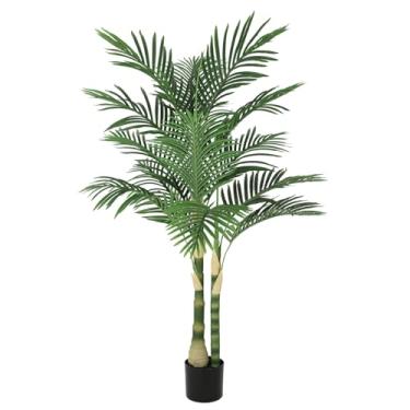 Imagem de Nafresh Palmeira artificial de cana dourada resistente a UV de 1,5 m, palmeira falsa de 152 cm de altura, plantas de seda sintética com 2 troncos texturizados e folhas realistas para decoração de